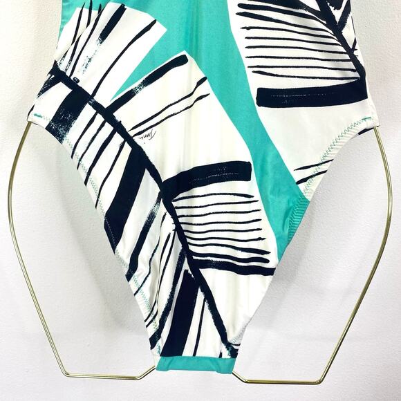 TRINA TURK Copacabana One Piece Swimsuit Tropical Print Teal Black Strappy Sz 4 - Picture 10 of 14